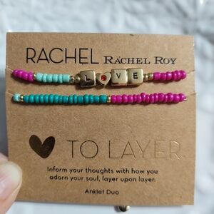 RACHEL Rachel Roy Pink & Turquoise Beaded Anklet Duo - LOVE Accent